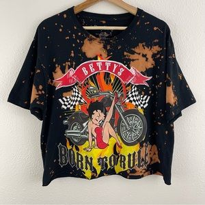 BETTY BOOP Black Bleached Born To Rule Biker Pin Up Short Sleeve Graphic Tee